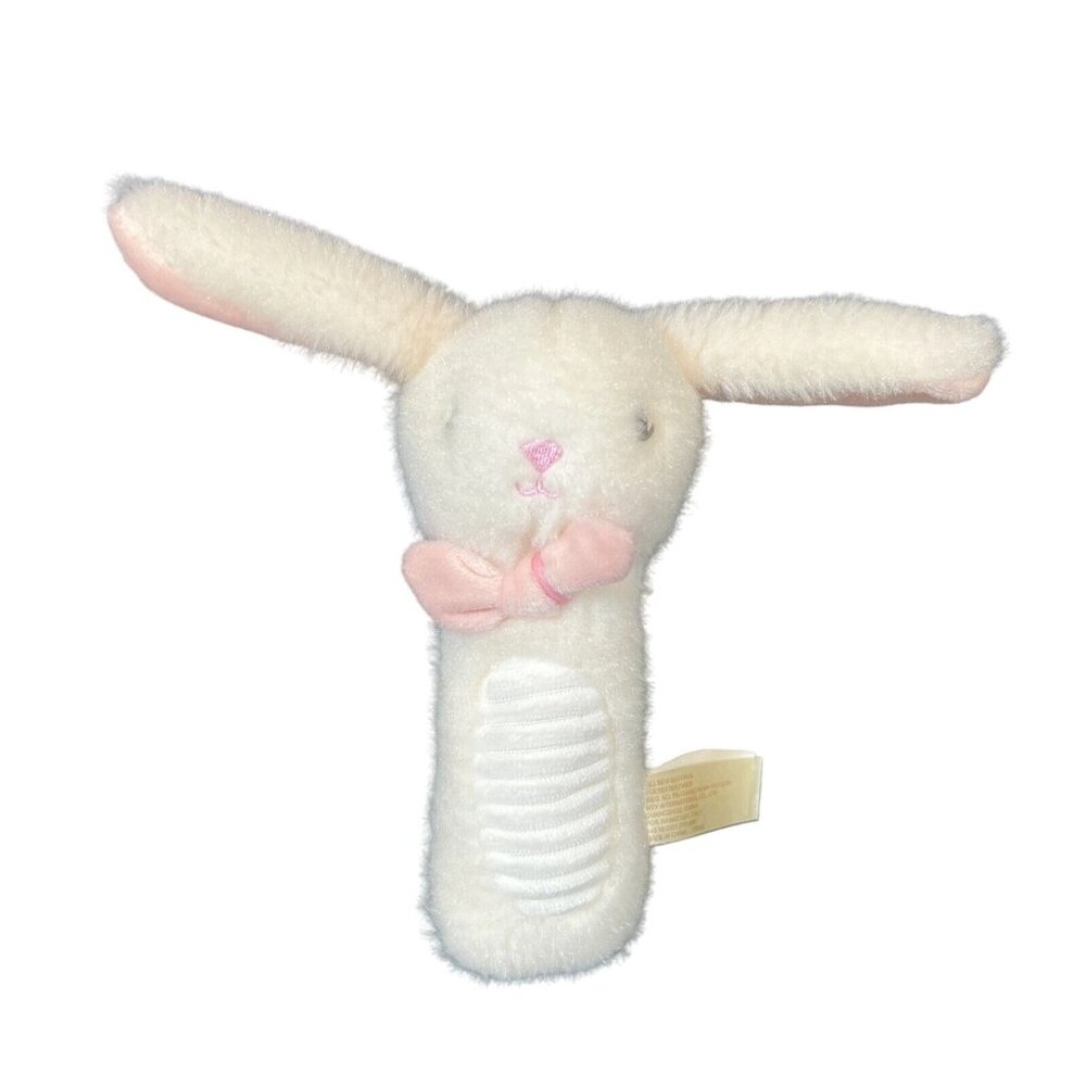 White‎ Bunny Rabbit Rattle Plush Baby Infant Toy Pink Bowtie Rib Belly MTY 10"